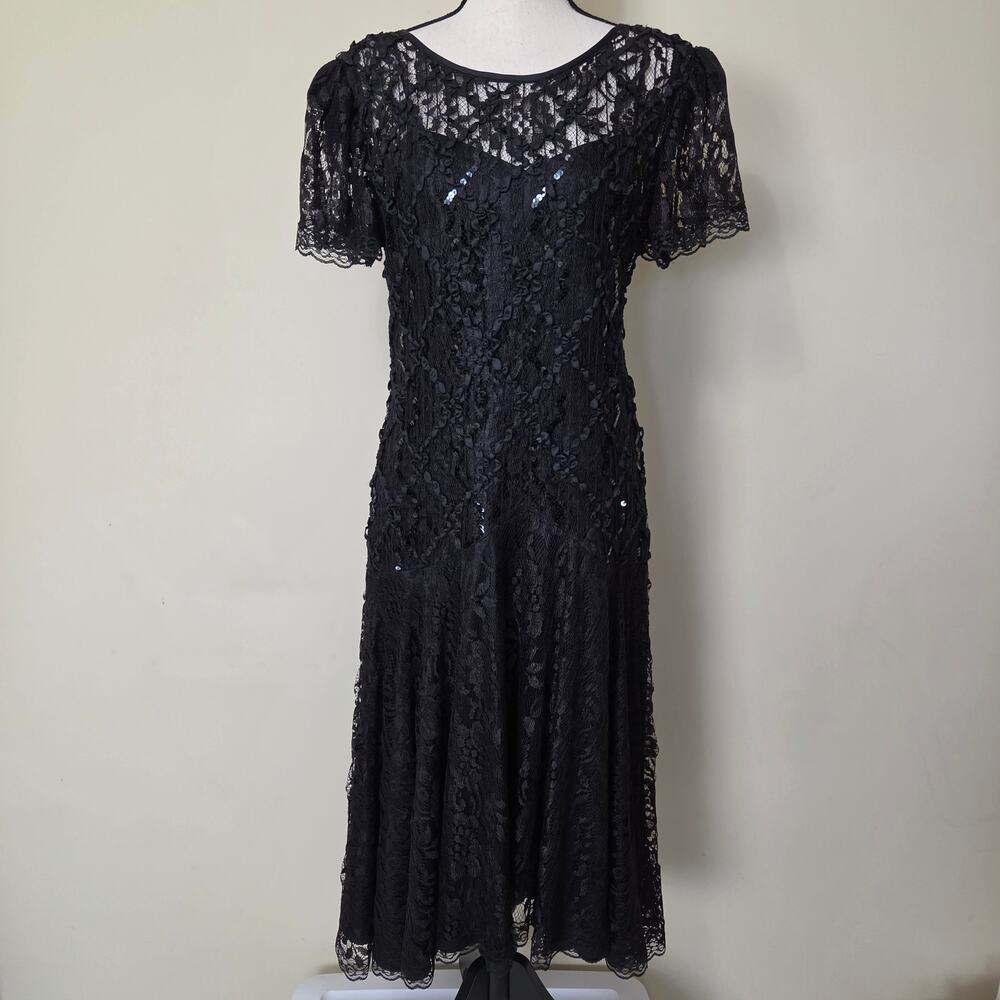 VTG After Dark 8 Black Lace Sequin Ribbon Midi Cocktail Dress Whimsy Gothic Glam